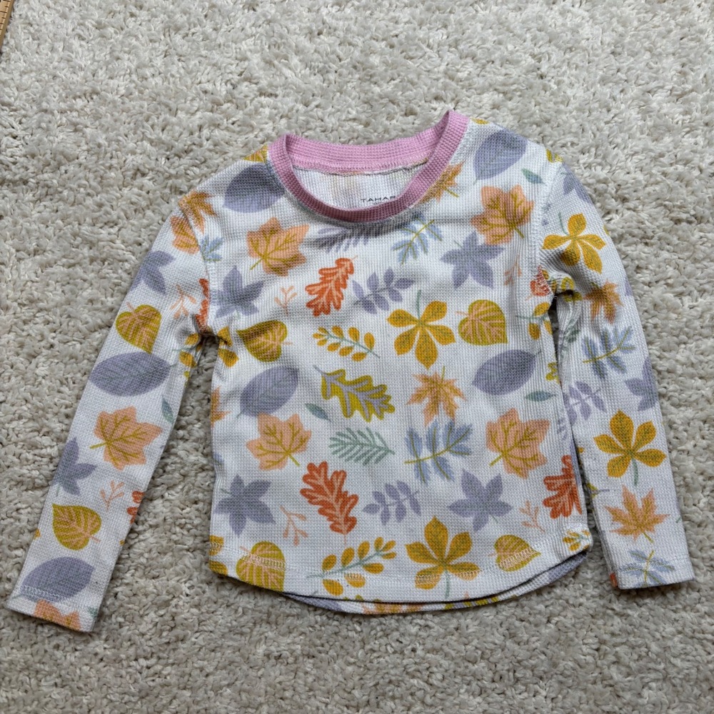 Tahari Girl‎ Long Sleeve Thermal Top Autumn Leaf Print Pink Collar Size 2T